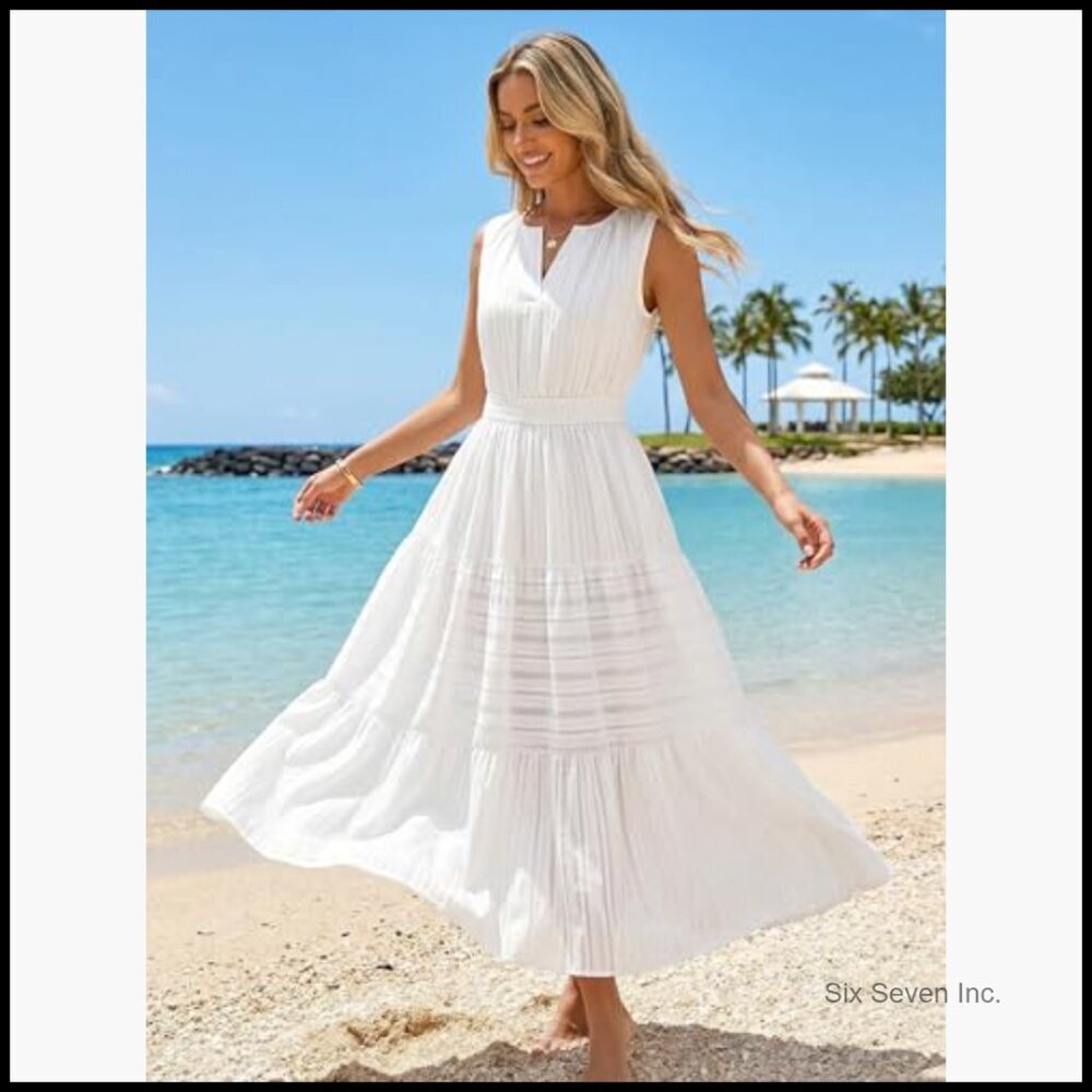 Cotton Jacquard Midi Dress Sleeveless V Neck Pockets Casual - Picture 4 of 7
